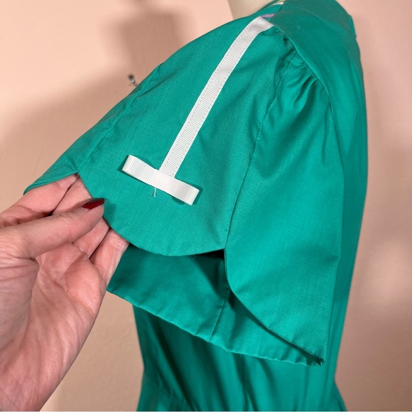 Vintage Cottagecore Full Skirt Ribbon detail green teal Party Dress Country Sm - Picture 10 of 17